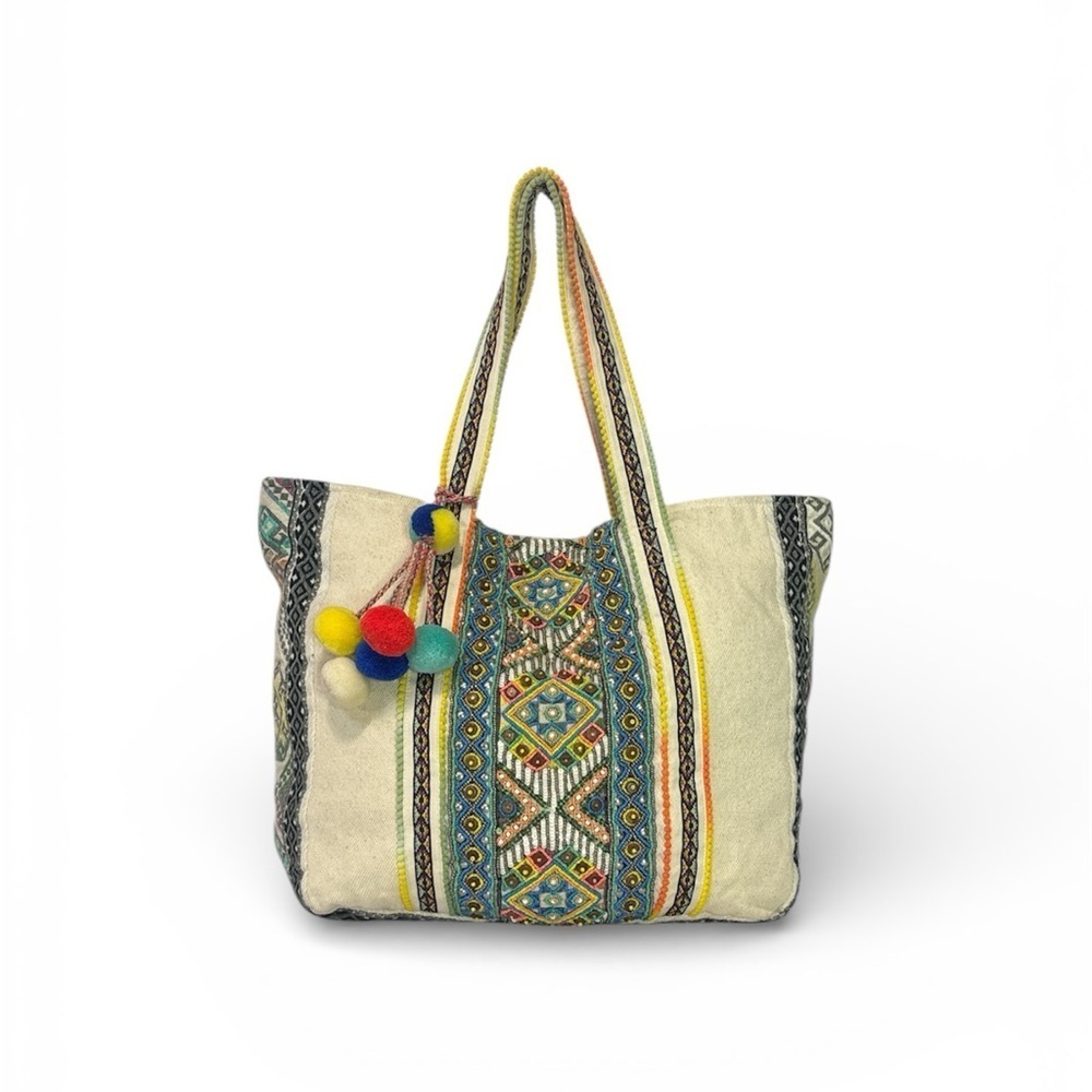 America & Beyond Beaded Boho Tote Pom Pom Tribal Embroidered Bag